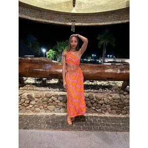 FARM RIO Orange Pink One Shoulder Ruched Waist Tie Copacabana A-Line Dress S